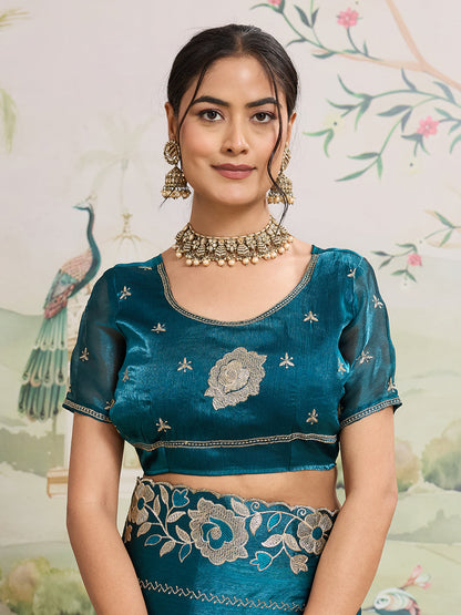 Dwija Fashion Rama Party Wear Embroidered Jimmy Choo Organza Saree With Unstitched Blouse