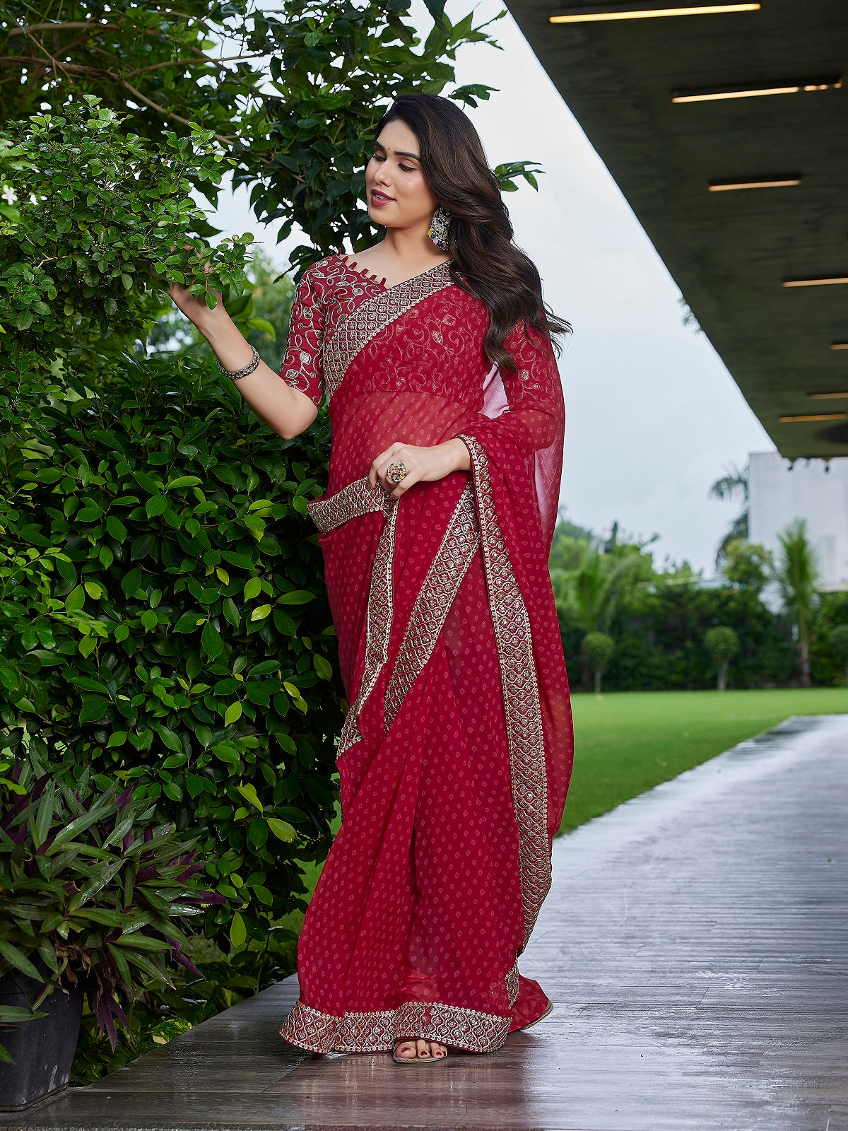 Dwija Fashion Dark Maroon Party Wear Embroidered Georgette Saree With Unstitched Blouse