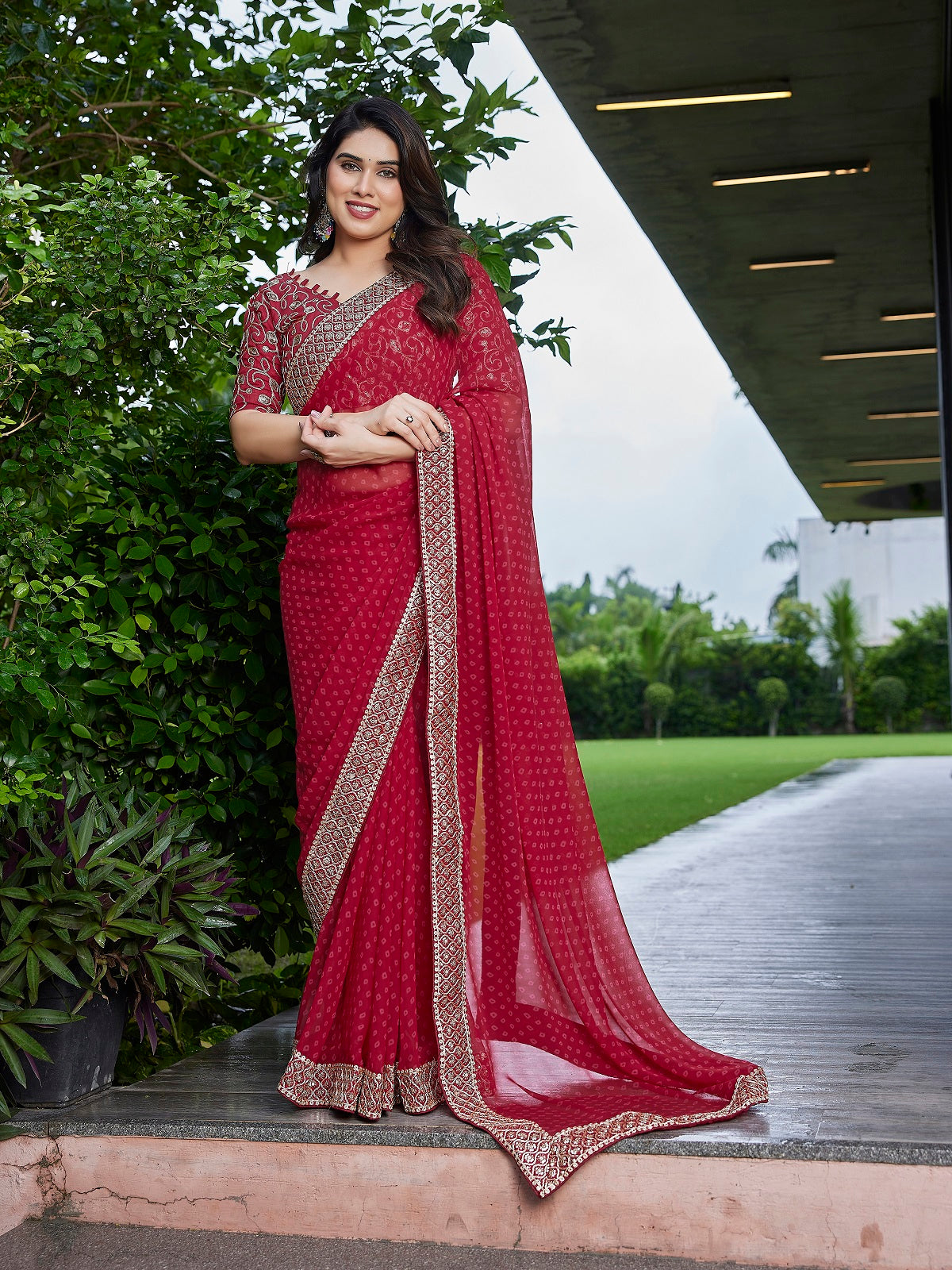 Dwija Fashion Dark Maroon Party Wear Embroidered Georgette Saree With Unstitched Blouse