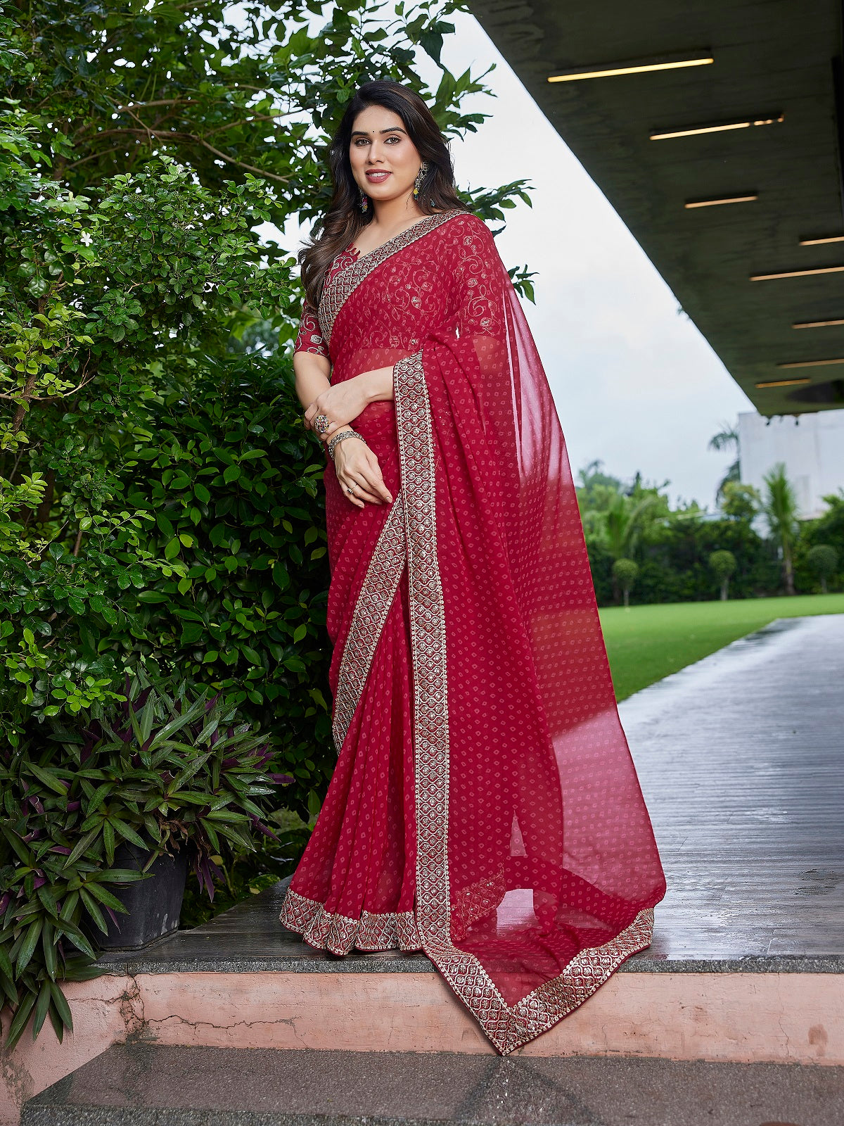 Dwija Fashion Dark Maroon Party Wear Embroidered Georgette Saree With Unstitched Blouse