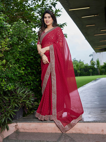 Dwija Fashion Dark Maroon Party Wear Embroidered Georgette Saree With Unstitched Blouse