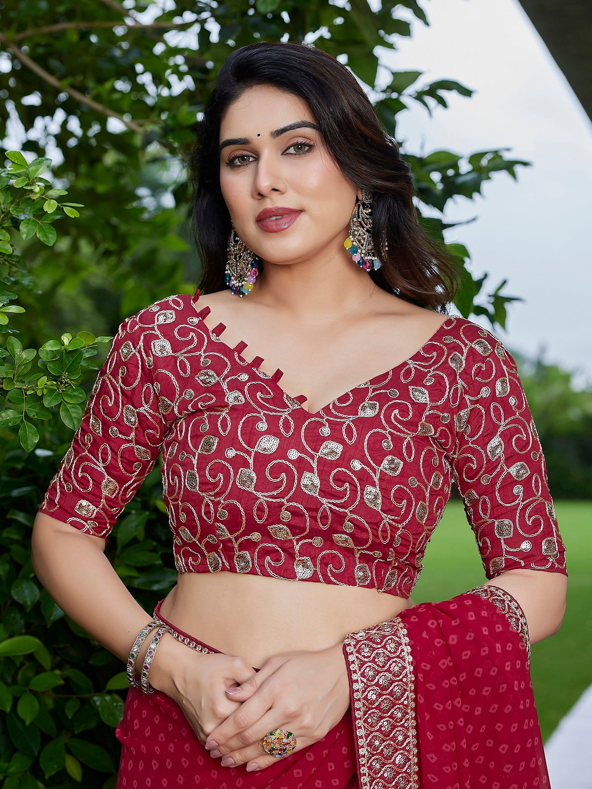 Dwija Fashion Dark Maroon Party Wear Embroidered Georgette Saree With Unstitched Blouse