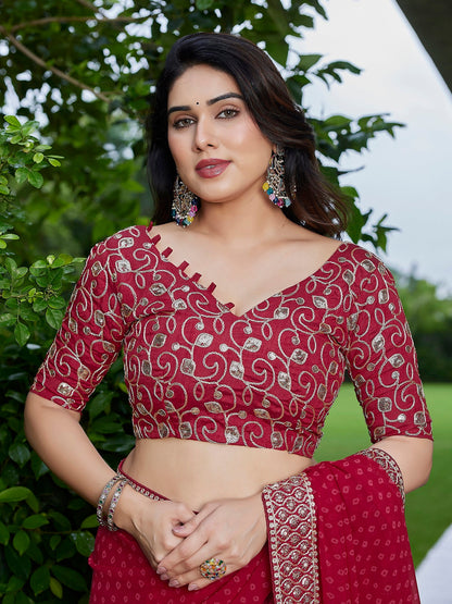 Dwija Fashion Dark Maroon Party Wear Embroidered Georgette Saree With Unstitched Blouse