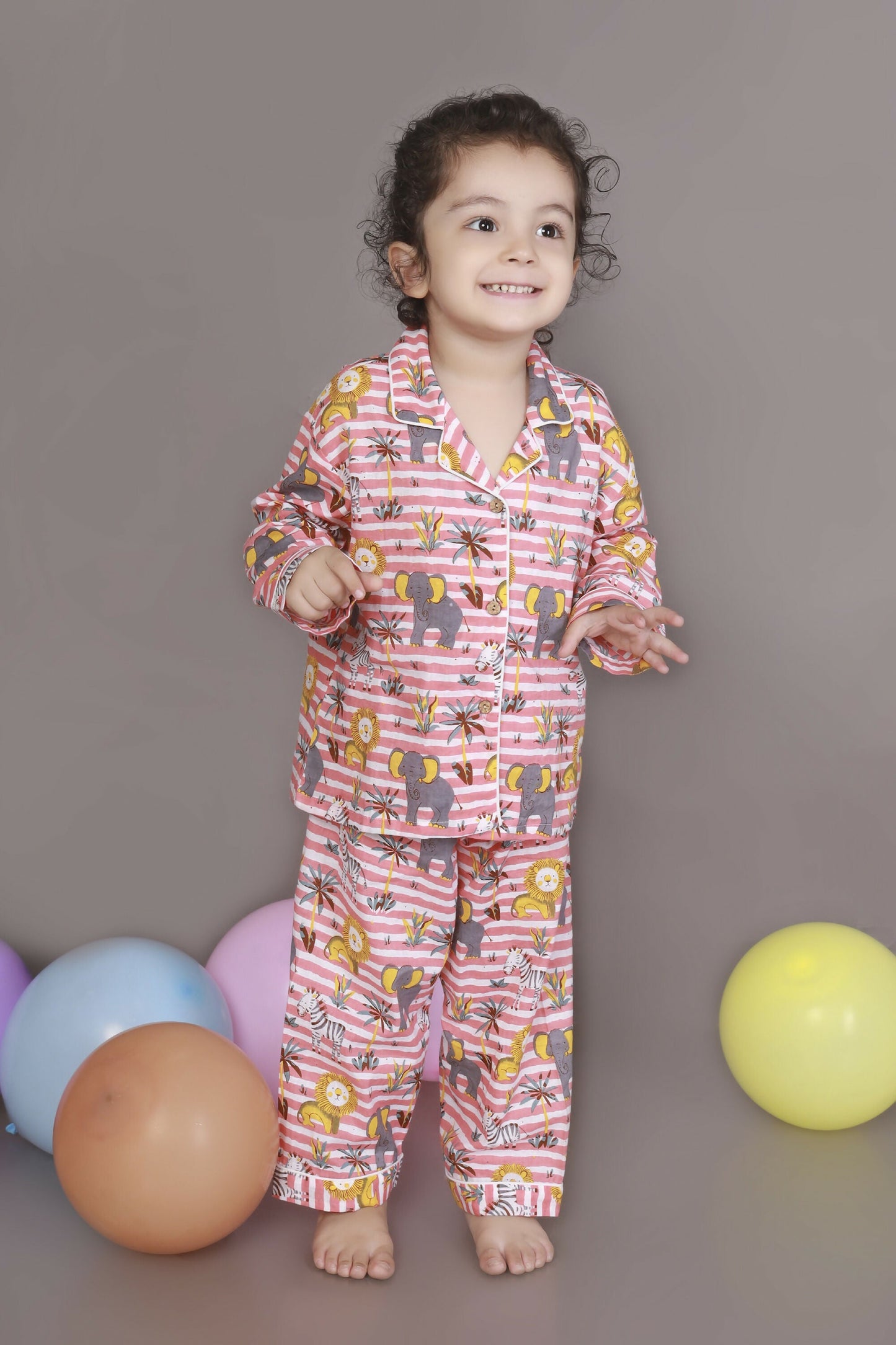Breathables Kids Cotton Night Suit  Red & White Jungle Stripe Shirt & Pyjama Co-Ord Set For Boys & Girls