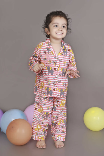 Breathables Kids Cotton Night Suit  Red & White Jungle Stripe Shirt & Pyjama Co-Ord Set For Boys & Girls