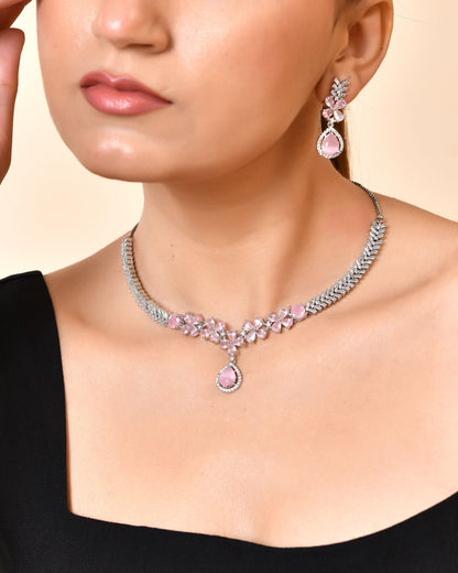 VOJ Silver Plated Baby Pink Floral Ad Jewellery Set