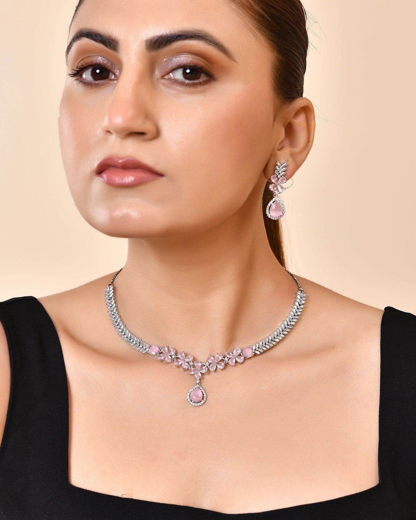 VOJ Silver Plated Baby Pink Floral Ad Jewellery Set
