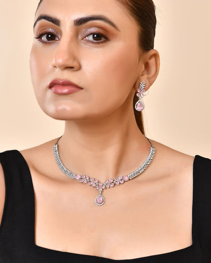 VOJ Silver Plated Baby Pink Floral Ad Jewellery Set