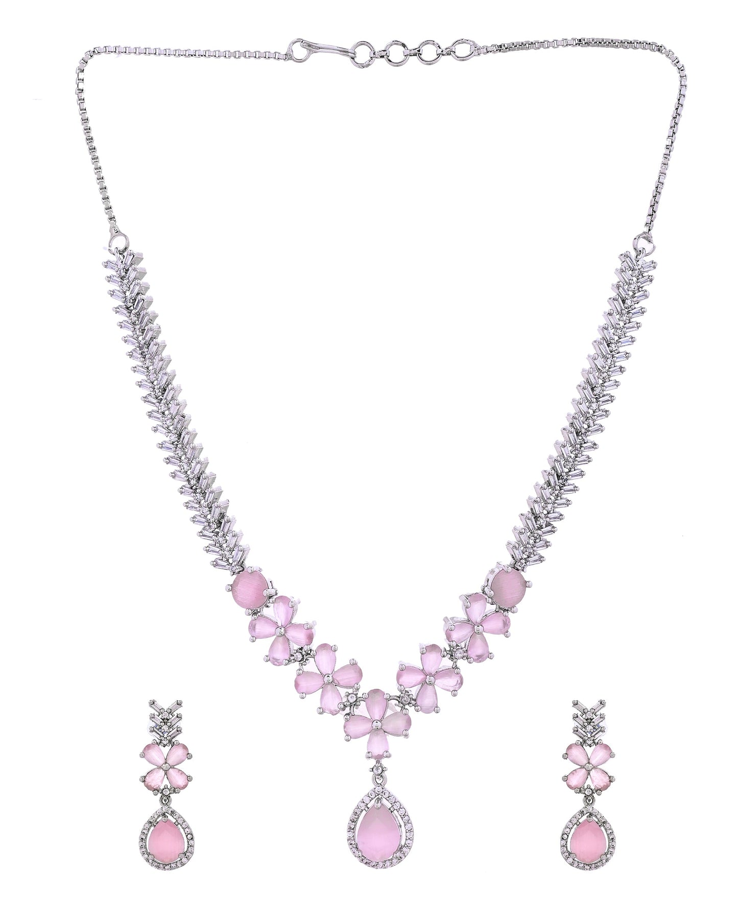 VOJ Silver Plated Baby Pink Floral Ad Jewellery Set