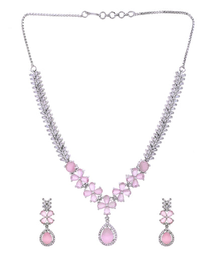 VOJ Silver Plated Baby Pink Floral Ad Jewellery Set