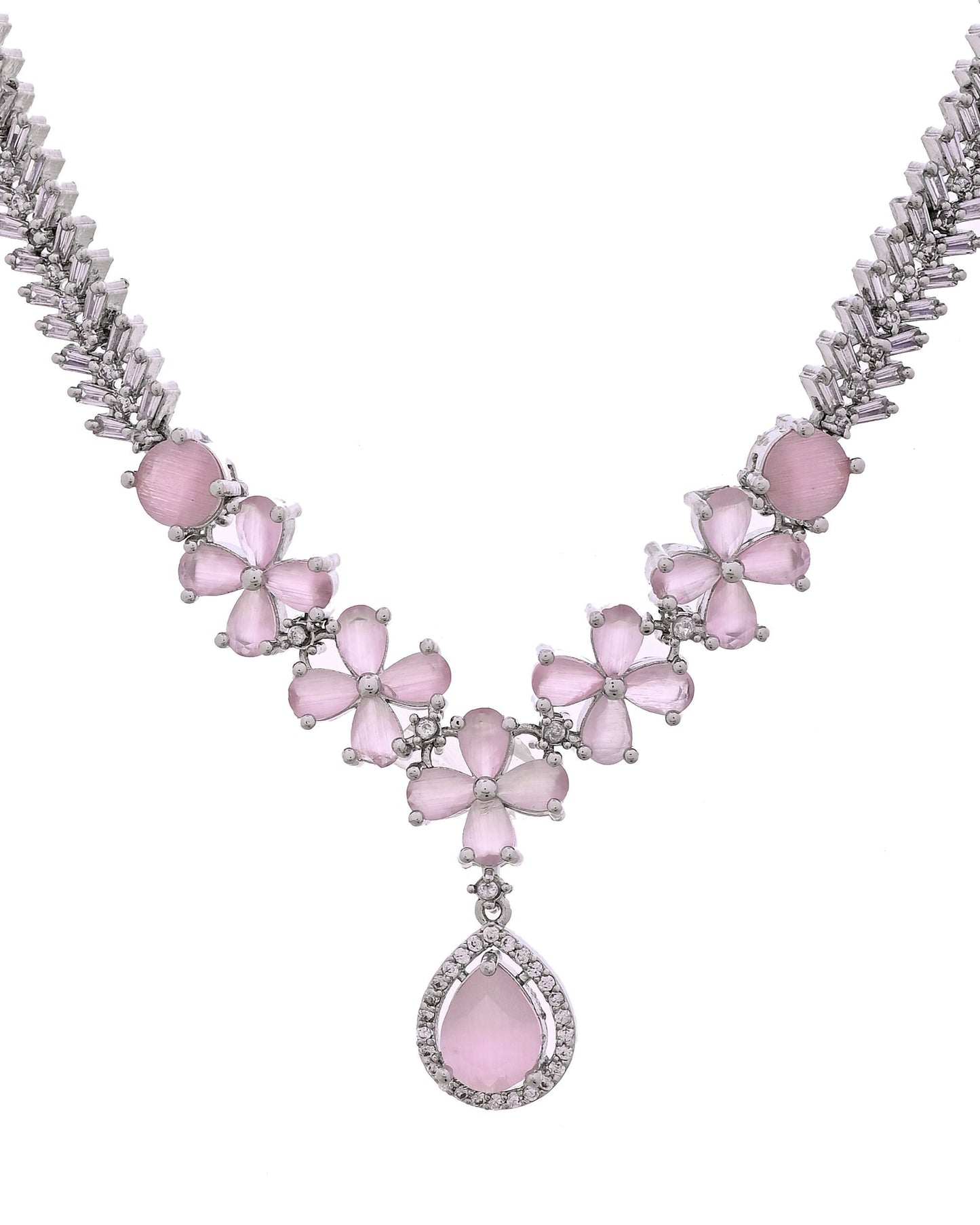 VOJ Silver Plated Baby Pink Floral Ad Jewellery Set