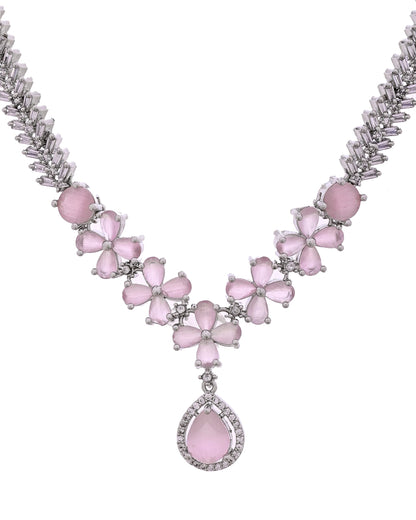 VOJ Silver Plated Baby Pink Floral Ad Jewellery Set