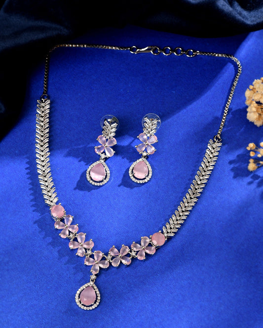VOJ Silver Plated Baby Pink Floral Ad Jewellery Set