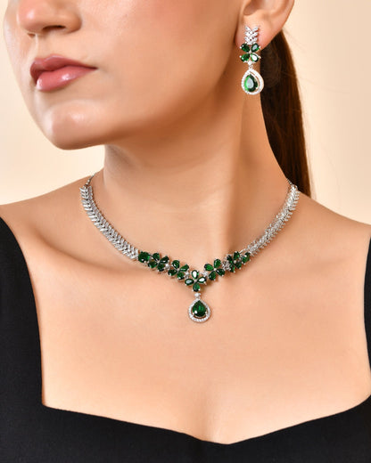 VOJ Silver Plated Green Floral Ad Jewellery Set