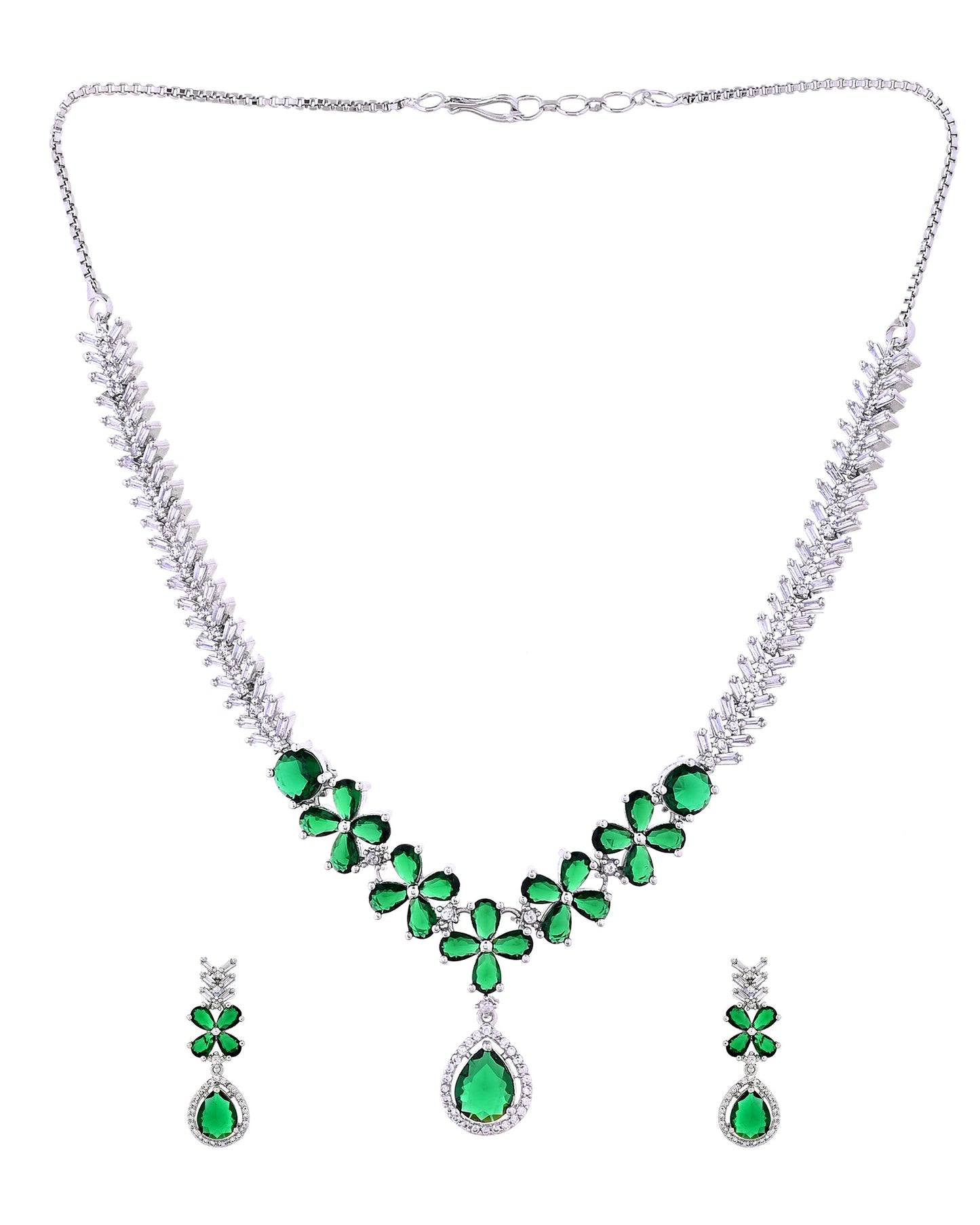 VOJ Silver Plated Green Floral Ad Jewellery Set