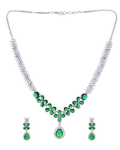 VOJ Silver Plated Green Floral Ad Jewellery Set