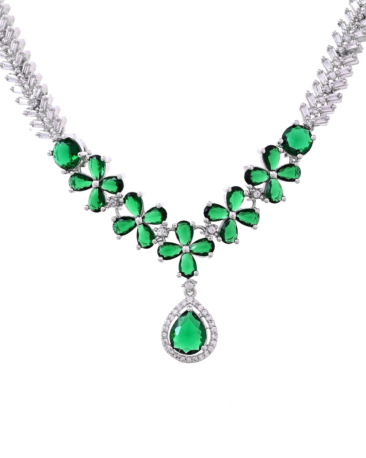 VOJ Silver Plated Green Floral Ad Jewellery Set