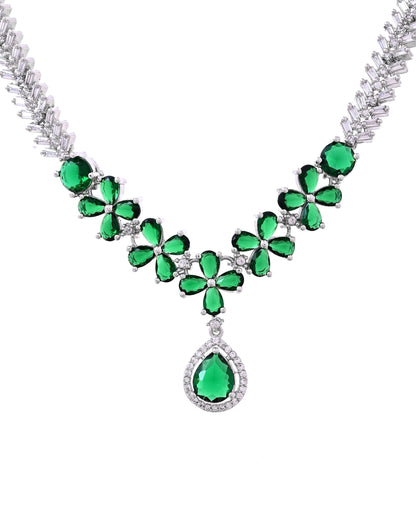 VOJ Silver Plated Green Floral Ad Jewellery Set