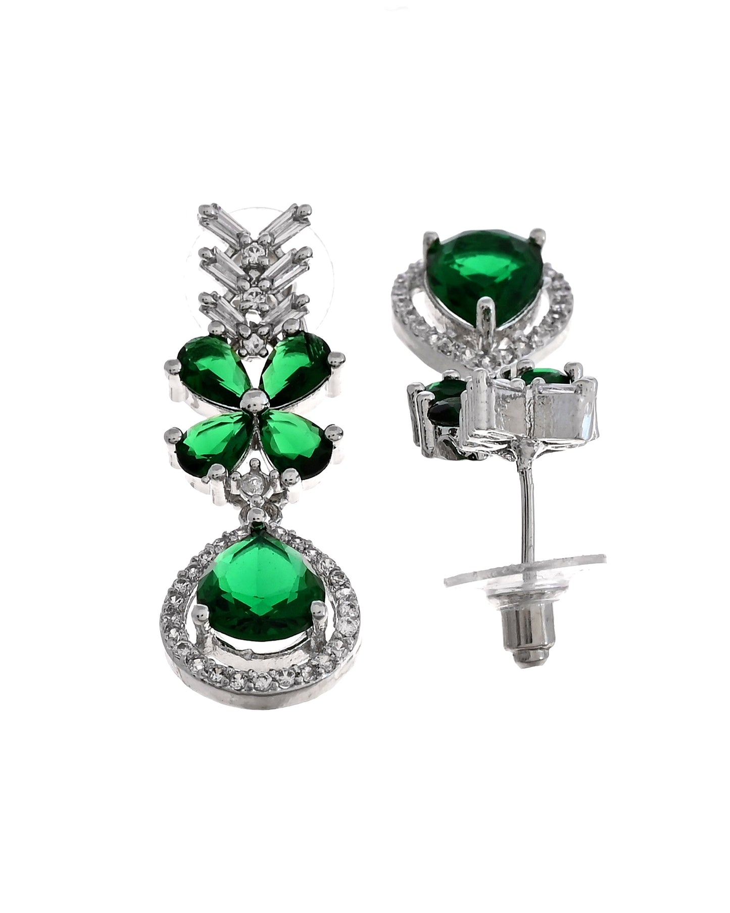 VOJ Silver Plated Green Floral Ad Jewellery Set