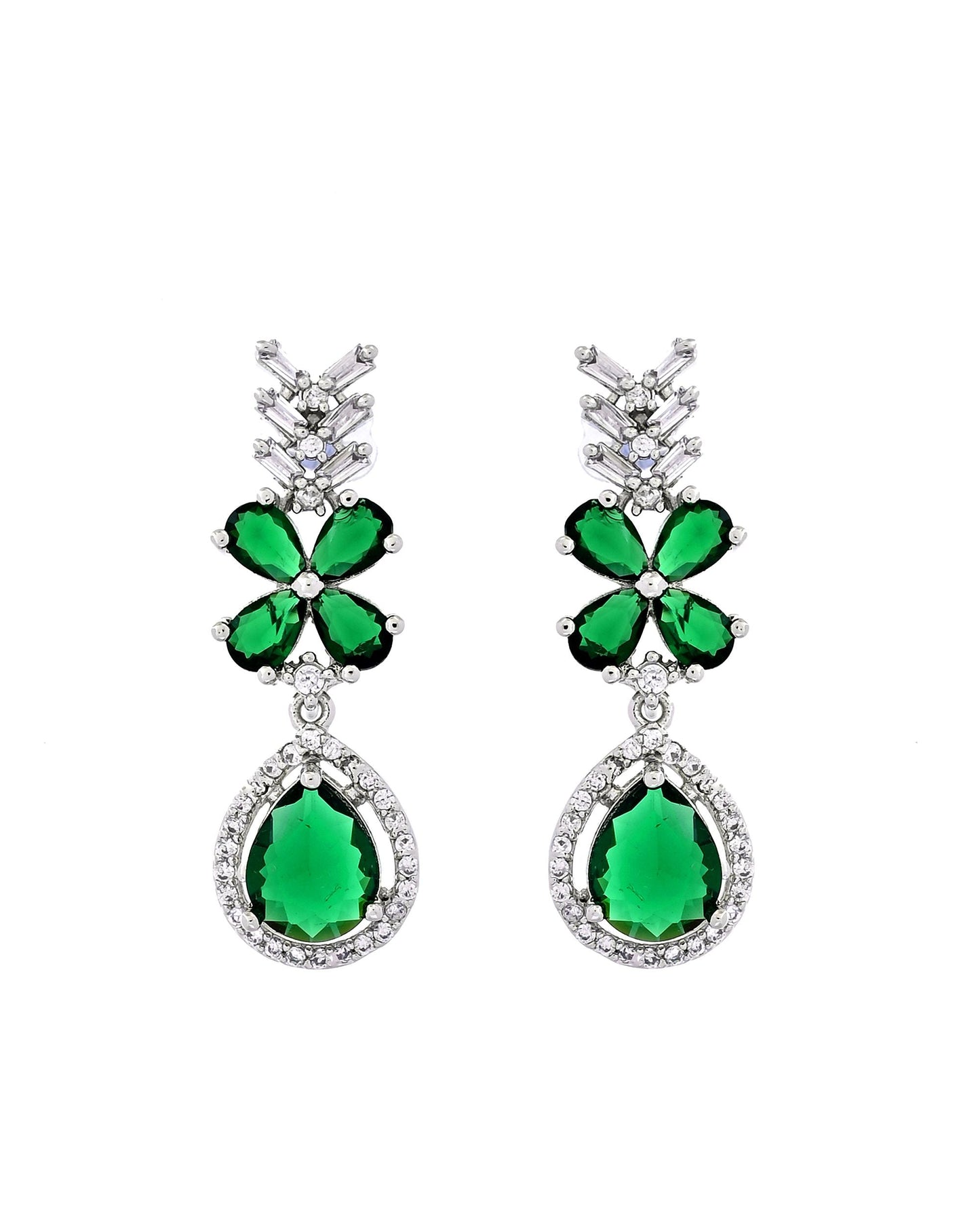 VOJ Silver Plated Green Floral Ad Jewellery Set