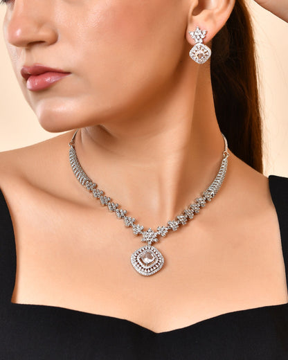 VOJ Silver Plated Square Stone Studded Jewellery Set