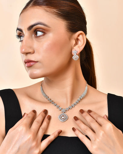 VOJ Silver Plated Square Stone Studded Jewellery Set