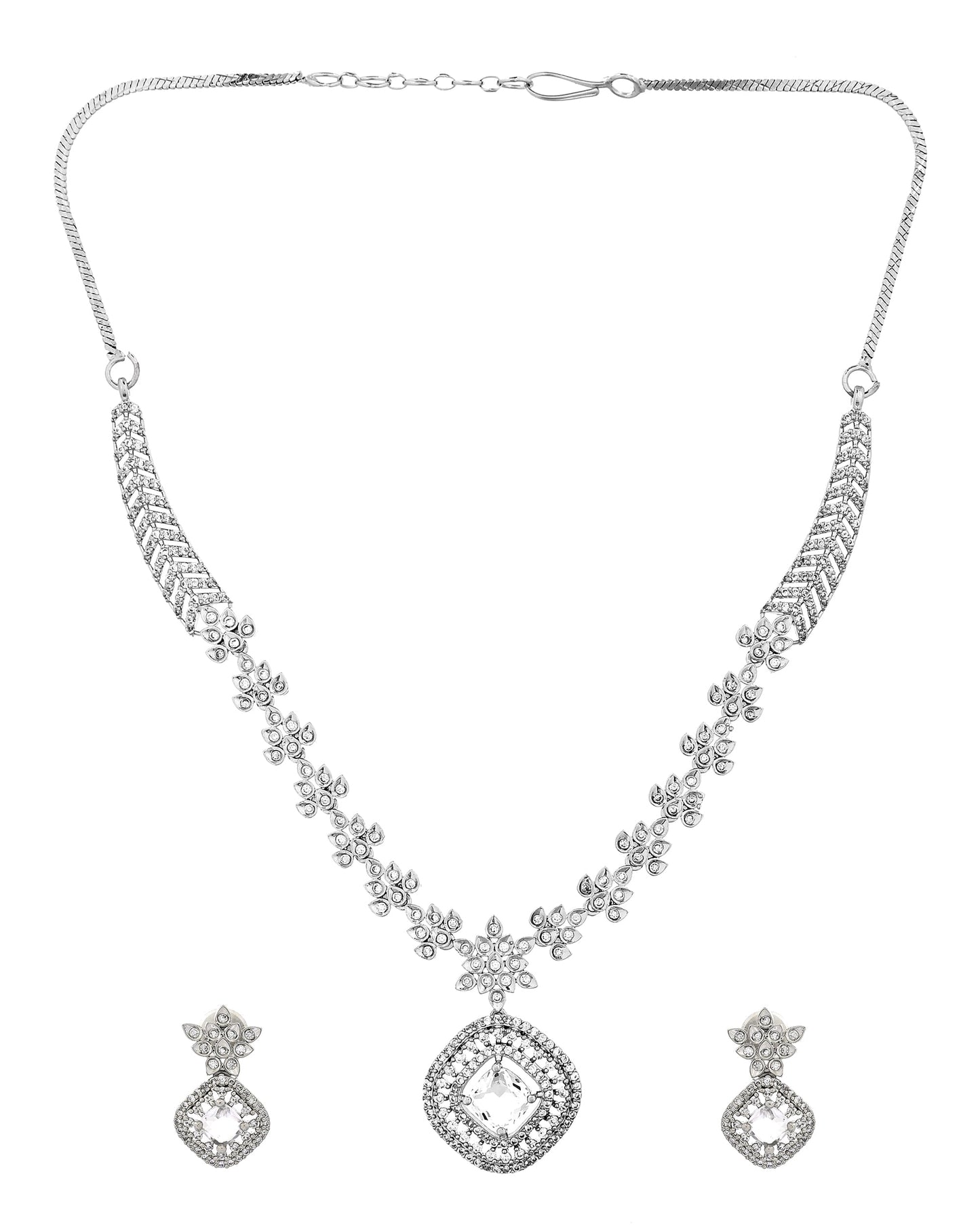 VOJ Silver Plated Square Stone Studded Jewellery Set