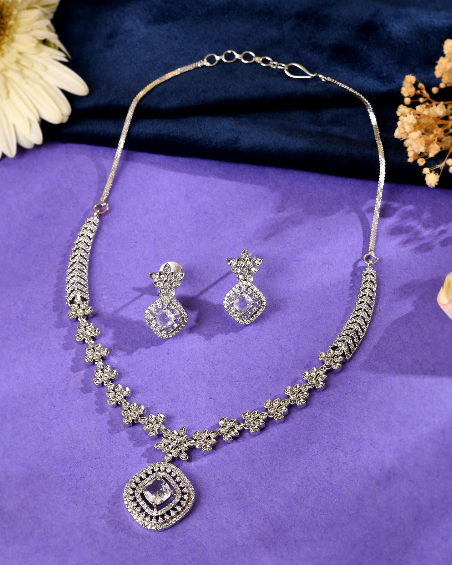VOJ Silver Plated Square Stone Studded Jewellery Set