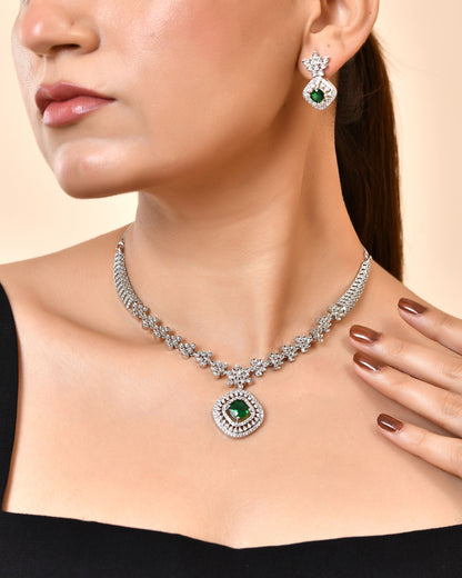 VOJ Silver Plated Green Square Stone Studded Jewellery Set