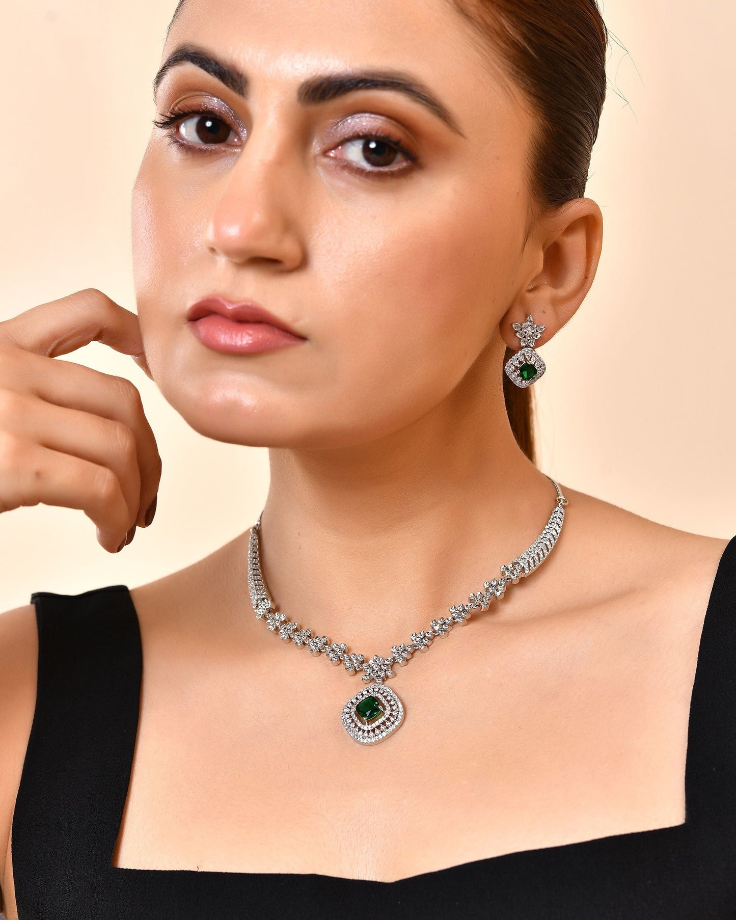 VOJ Silver Plated Green Square Stone Studded Jewellery Set