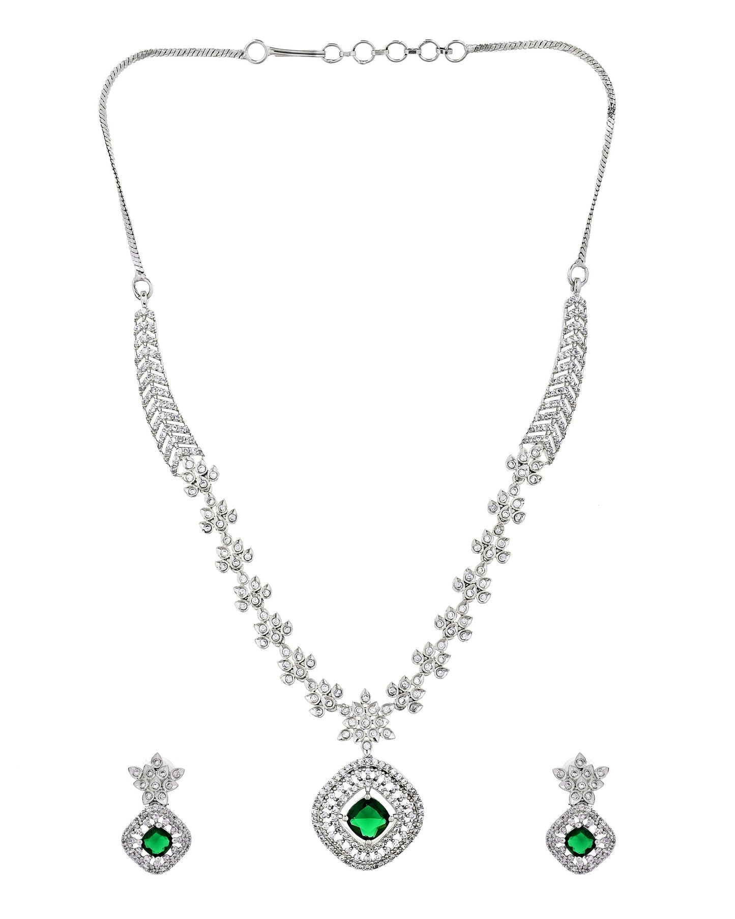 VOJ Silver Plated Green Square Stone Studded Jewellery Set