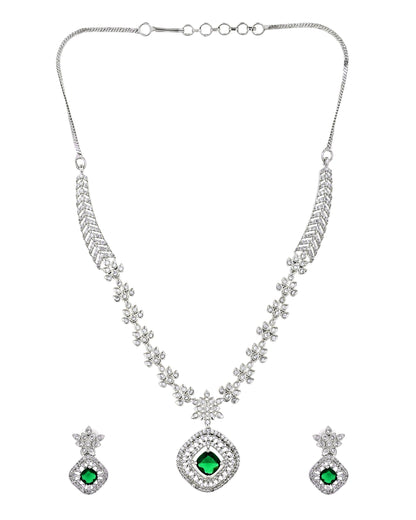 VOJ Silver Plated Green Square Stone Studded Jewellery Set