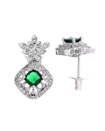 VOJ Silver Plated Green Square Stone Studded Jewellery Set