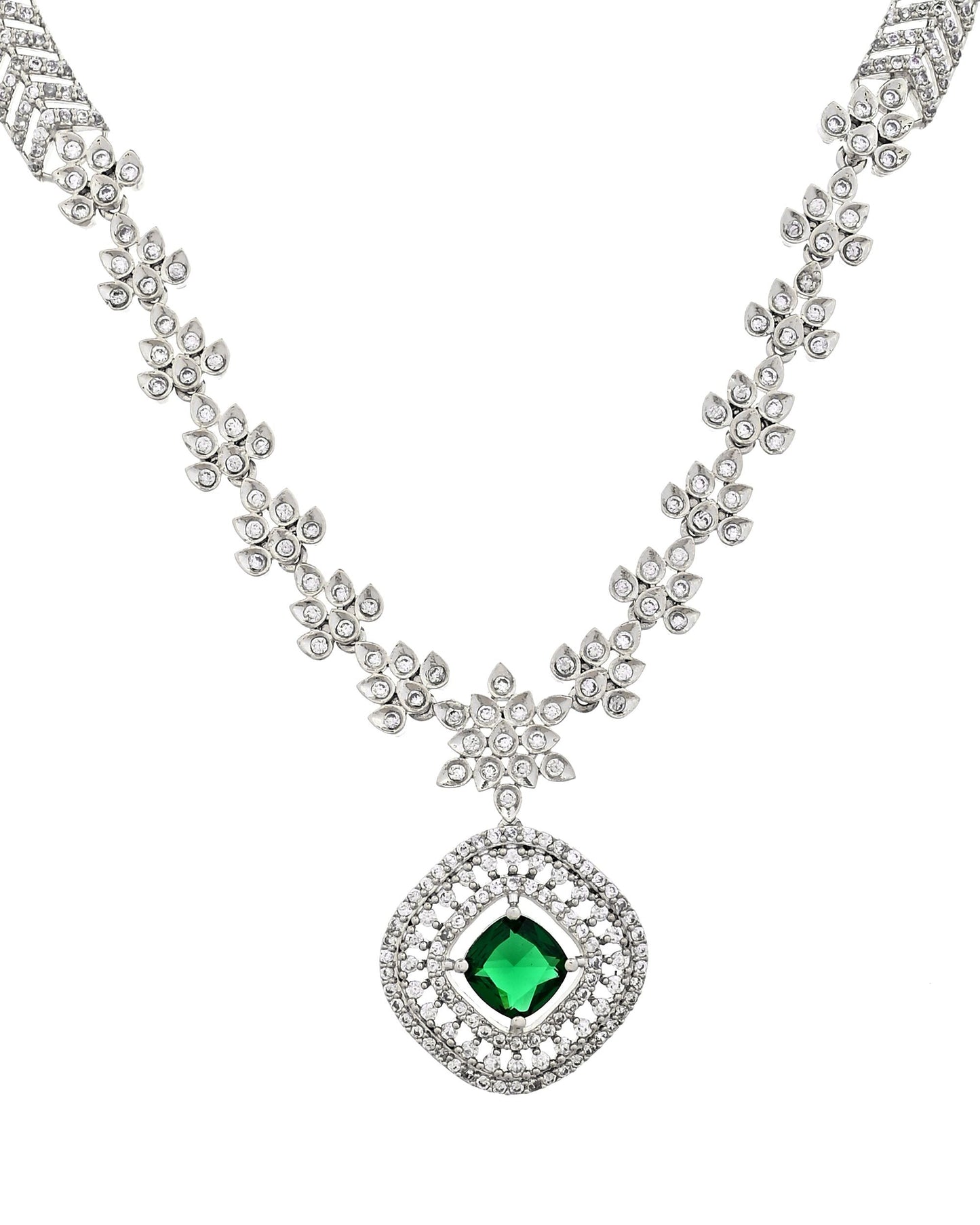 VOJ Silver Plated Green Square Stone Studded Jewellery Set