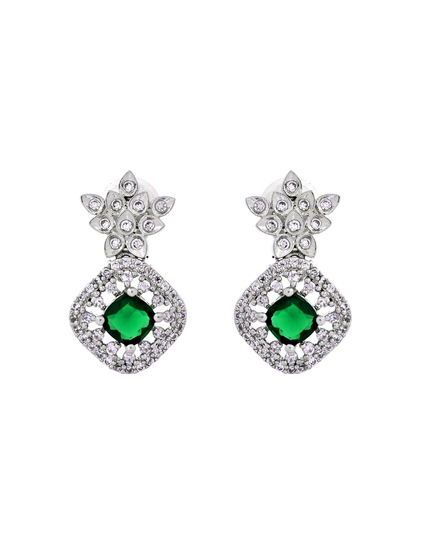 VOJ Silver Plated Green Square Stone Studded Jewellery Set