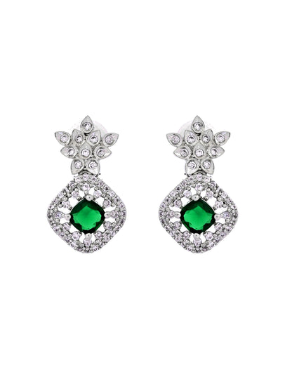 VOJ Silver Plated Green Square Stone Studded Jewellery Set