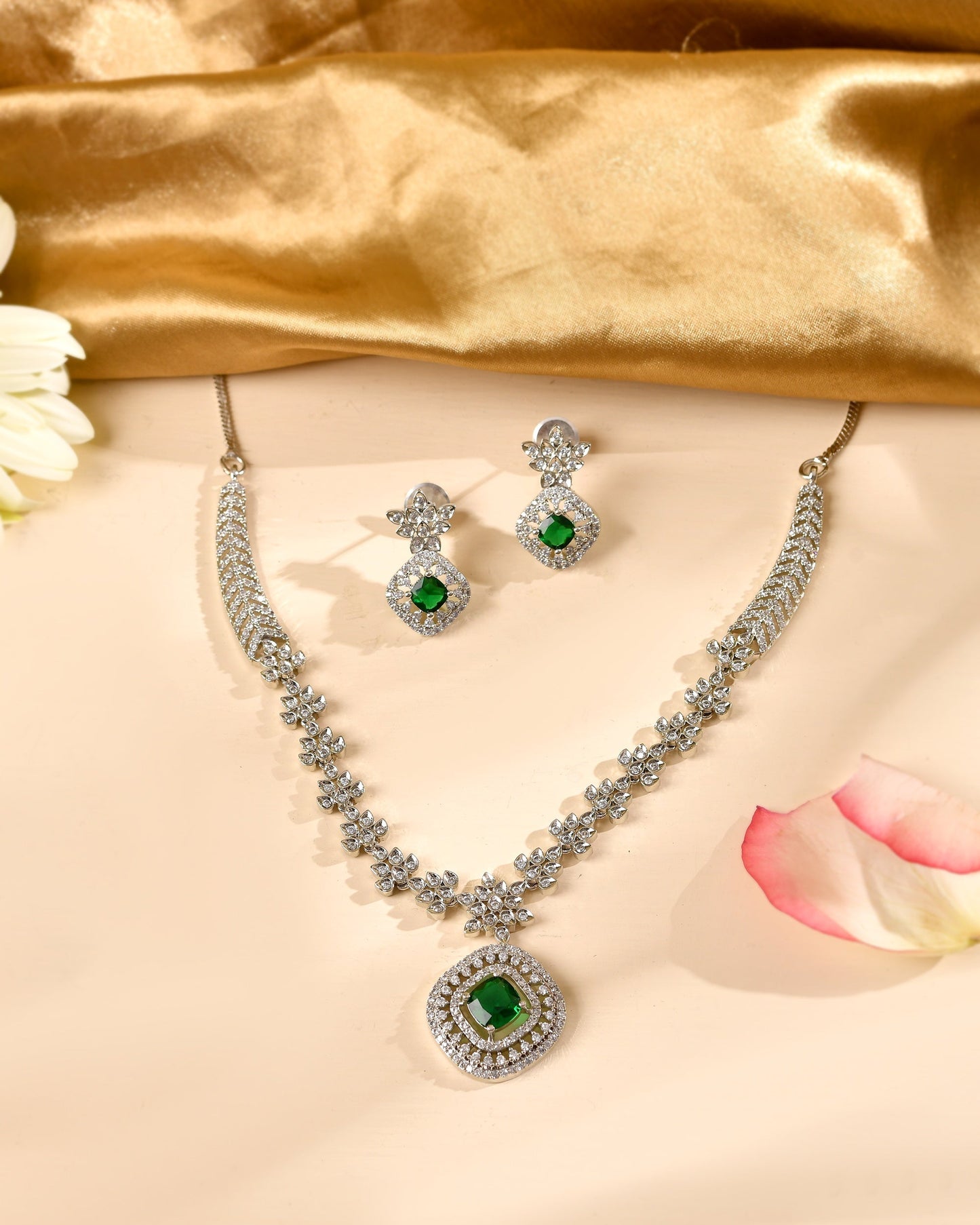 VOJ Silver Plated Green Square Stone Studded Jewellery Set