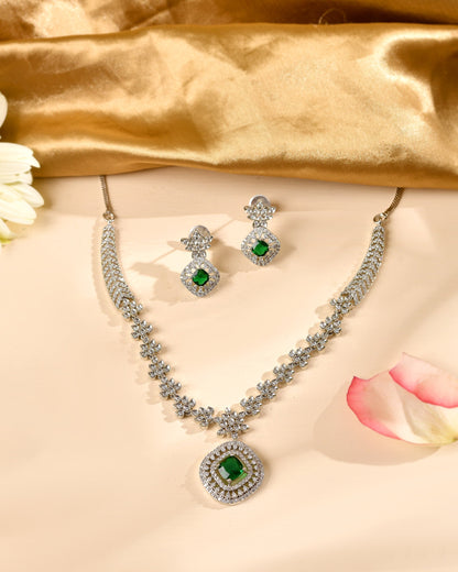 VOJ Silver Plated Green Square Stone Studded Jewellery Set