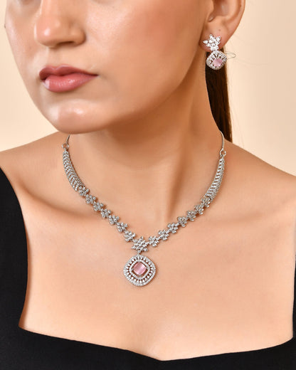 VOJ Silver Plated Baby Pink Square Stone Studded Jewellery Set