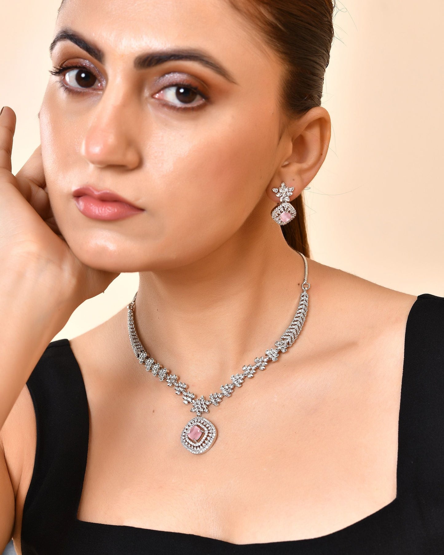 VOJ Silver Plated Baby Pink Square Stone Studded Jewellery Set