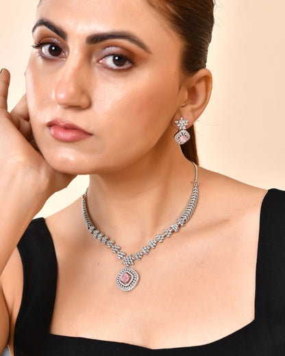 VOJ Silver Plated Baby Pink Square Stone Studded Jewellery Set