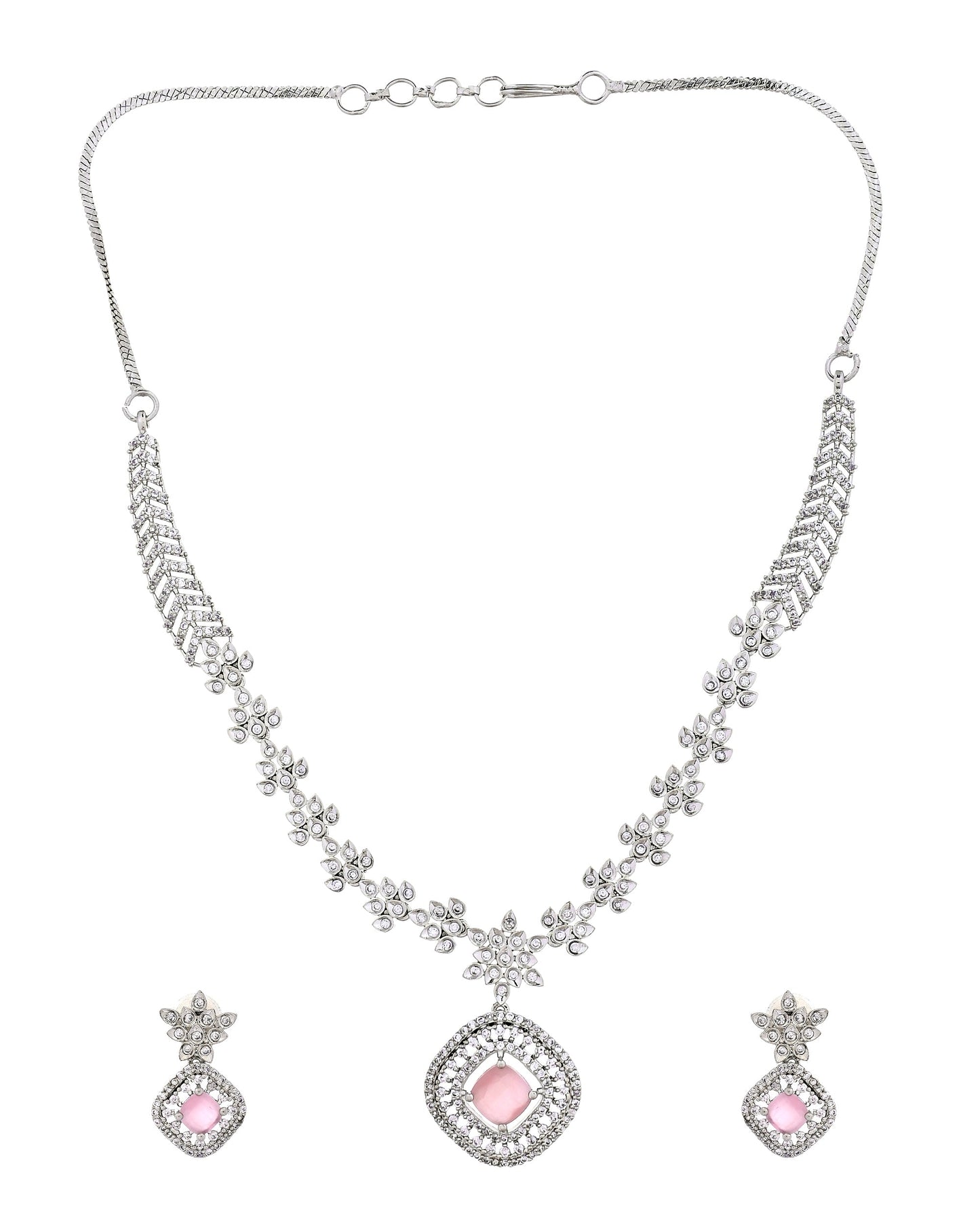VOJ Silver Plated Baby Pink Square Stone Studded Jewellery Set