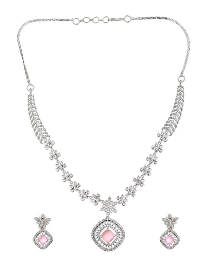 VOJ Silver Plated Baby Pink Square Stone Studded Jewellery Set
