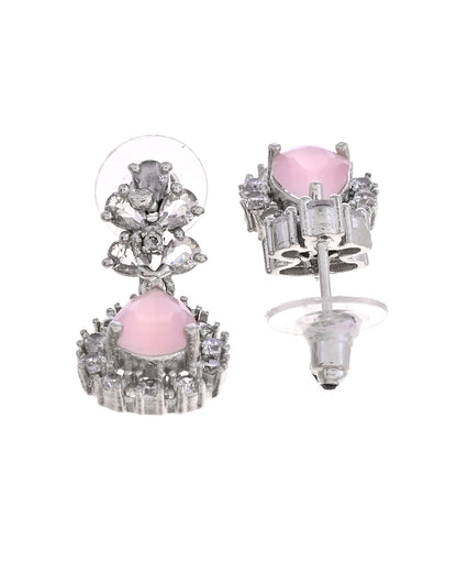 VOJ Silver Plated Baby Pink Square Stone Studded Jewellery Set