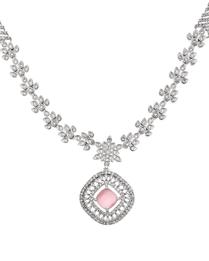 VOJ Silver Plated Baby Pink Square Stone Studded Jewellery Set