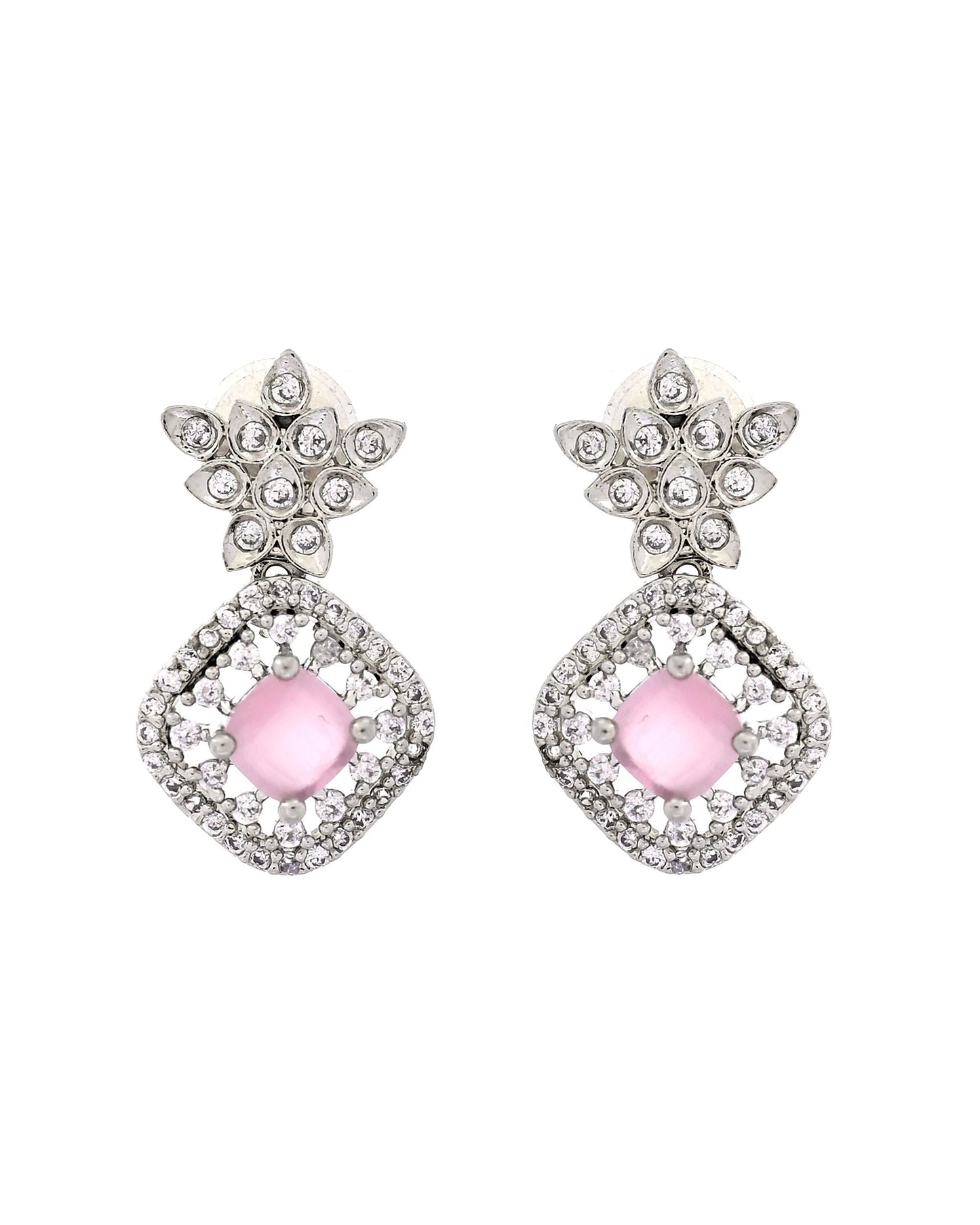 VOJ Silver Plated Baby Pink Square Stone Studded Jewellery Set