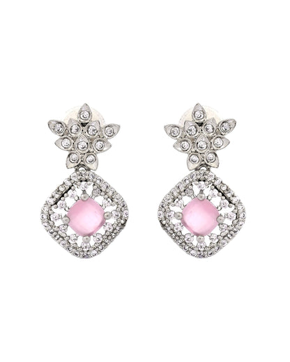 VOJ Silver Plated Baby Pink Square Stone Studded Jewellery Set