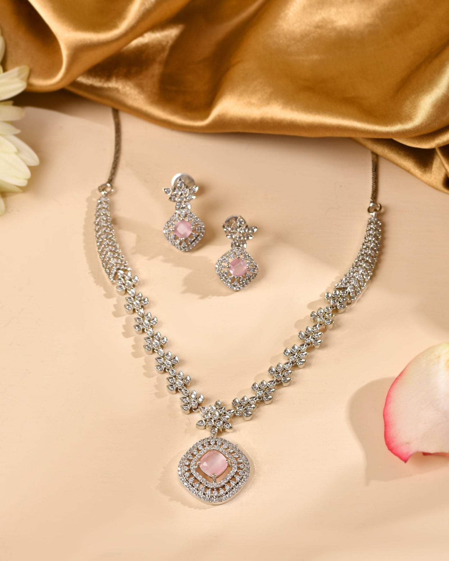 VOJ Silver Plated Baby Pink Square Stone Studded Jewellery Set