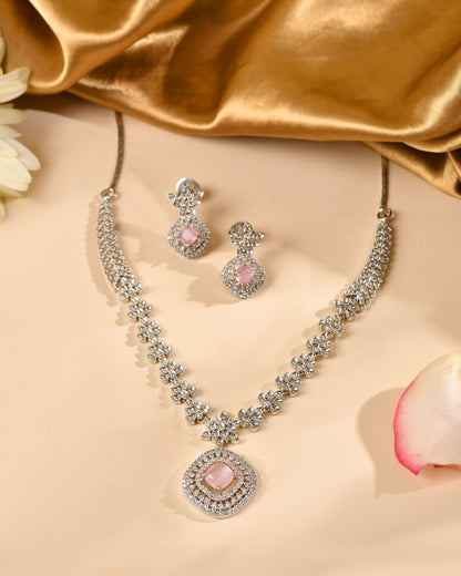 VOJ Silver Plated Baby Pink Square Stone Studded Jewellery Set