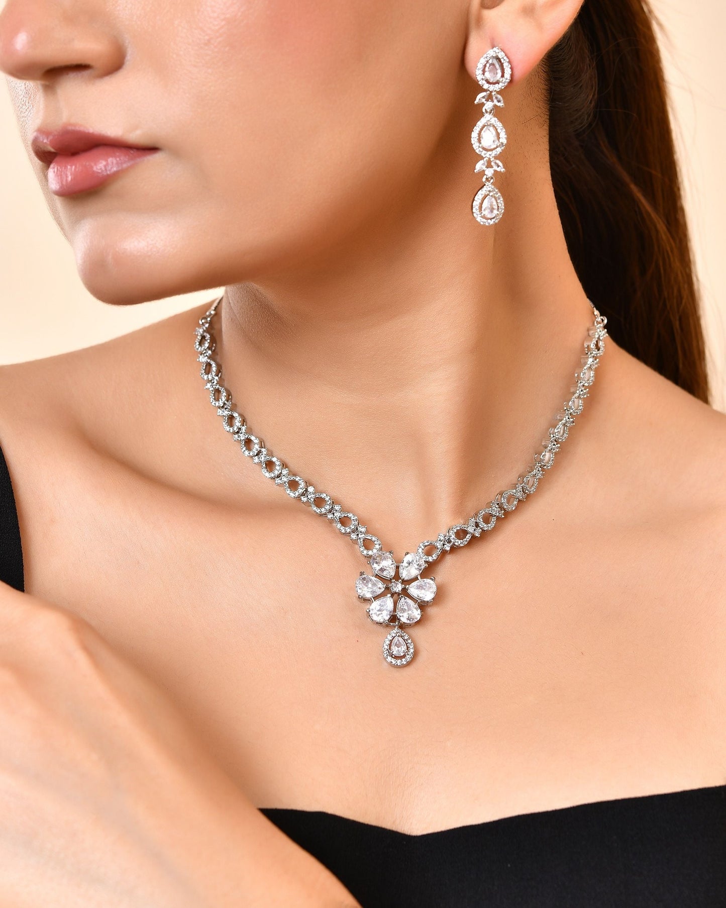 VOJ Silver Plated Ad Stone Studded Floral Jewellery Set